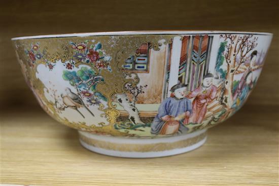 A Chinese famille rose mandarin pattern punch bowl, Qianlong period, diameter 38.5cm, cracked and rivetted